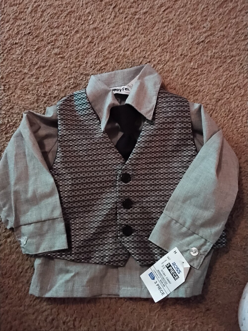 Happy Fellow Boys' Gray 3-Piece Dress Shirt, Vest & Tie Set 18 Months
